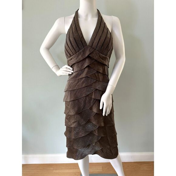 Cache Vintage Y2k Iridescent Brown Ruffle Halter Cocktail Midi Dress size 4 - Picture 1 of 12